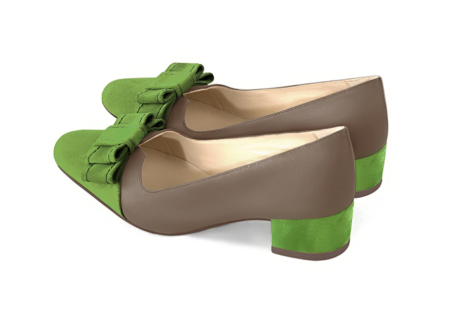 Grass green and taupe brown women's dress pumps, with a knot on the front. Round toe. Low block heels. Rear view - Florence KOOIJMAN